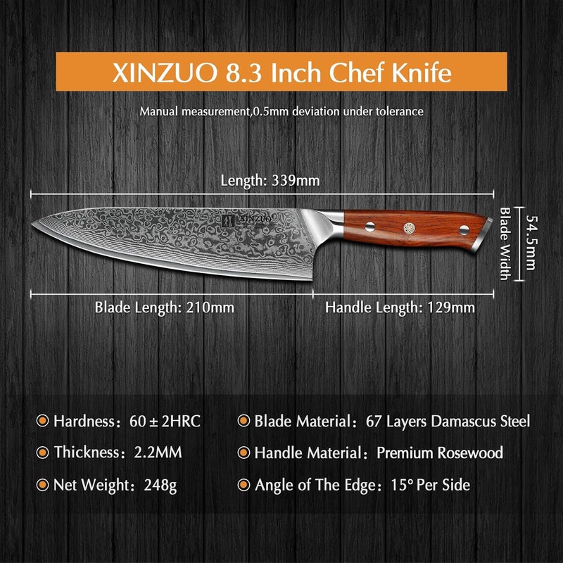XINZUO Chef Knife 8.3 Inch, VG-10 Super Stainless Steel Gyuto Knife for Professional Chefs and Home Cooking, Ultra Sharp Kitchen Knife with Rosewood Handle - Yu Series - Image 3